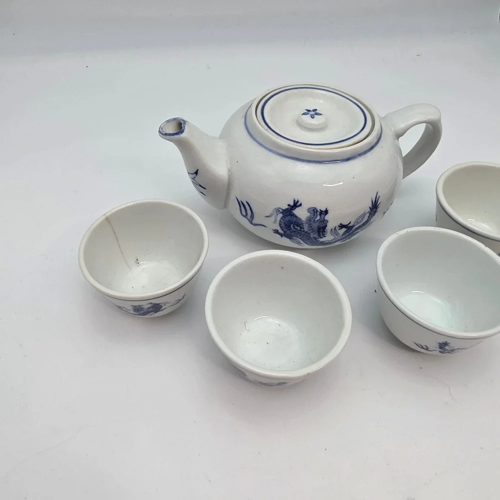 Pier 1 Imports Blue White Dragon Porcelain Tea Set Teapot 4 Cups Made in China